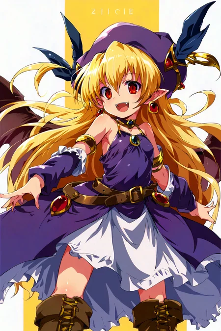score_9,score_8,<lora:Komatsu_Eiji_Pony_V2:0.9>,elincie yerthrop,1girl,solo,blonde hair,red eyes,pointy ears,jewelry,long hair,hat,wings,earrings,dress,fangs,open mouth,smile,boots,armlet,bare shoulders,belt,flat chest,