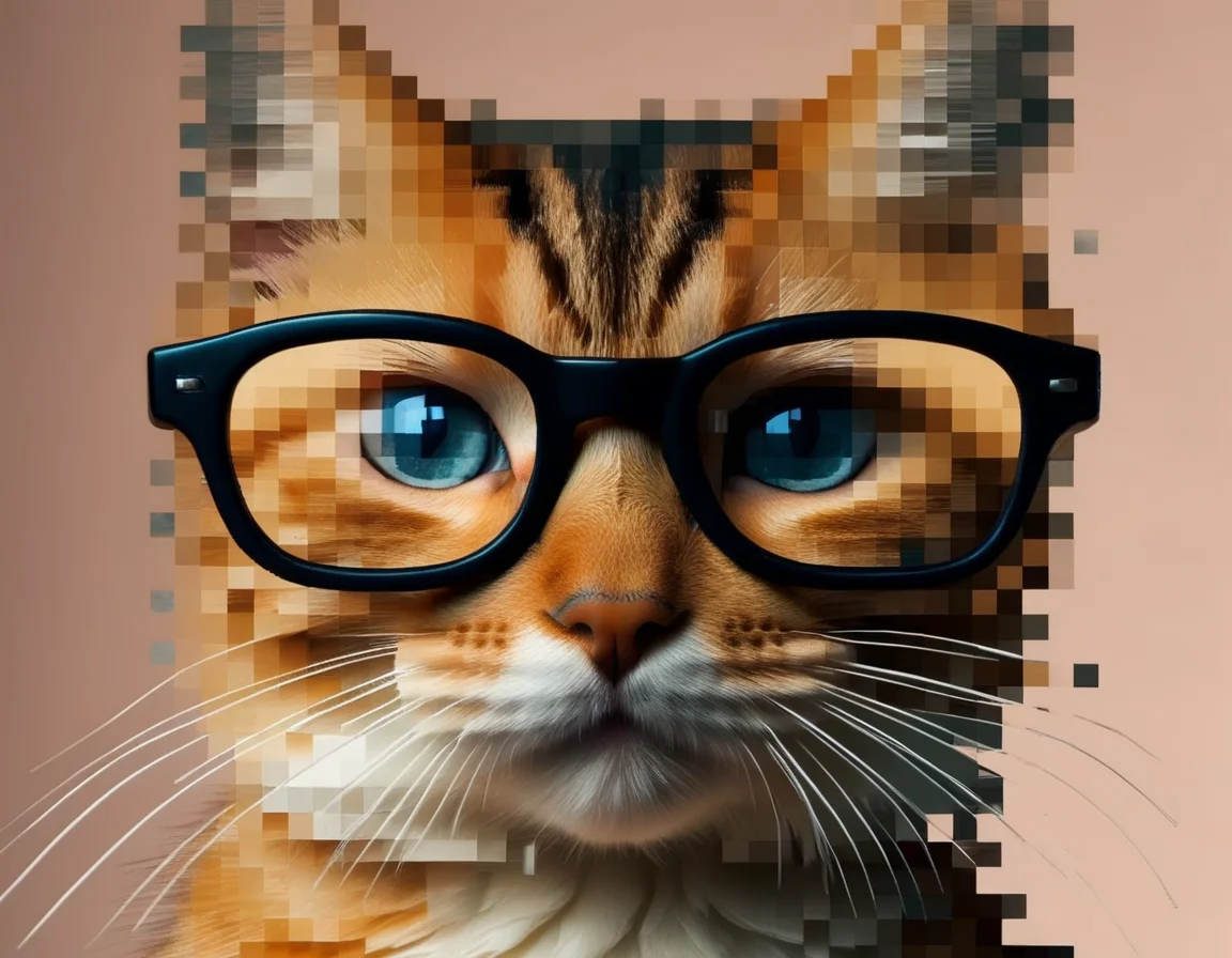<lora:Aether_Pixel_v1_SDXL_LoRA:1> close-up of a cat with glasses dissolving into pixels
