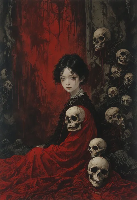 horror painting , young woman cradling a skull surrounded by endless blood red velvet blankets , in the style of takato yamamoto , <lora:takma2:1>
