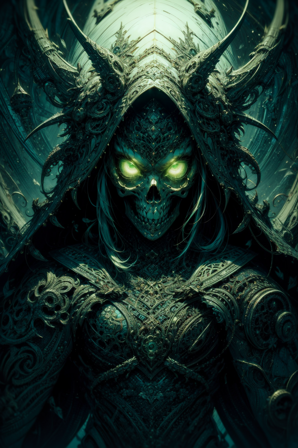(masterpiece:1.1),  (intricate:1.1), (detailed:1.1), (ornate:1.1), (aesthetic:1.1), BREAK,
(horror:1.2), (grim:1.2), (creepy:1.1), BREAK,
(portrait:1.2), (head and torso:1.3), (occultist:1.1), (standing:1.0), (hood:1.1), (skull face:1.0),  (robe:1.0), (wearing rags:1.1),  (torn clothes:1.2), (sinister:1.1), (emerald jewelry:1.0), BREAK,
(night:1.2), (dark:1.1), (fluorescent green:1.2), (glowing green:1.2), (fog:1.0), (swamp:1.1),(pestilence:1.0), (decaying:1.0), (corrupted:1.0), (unholy:1.0), (gloomy:1.0), (dripping ichor:1.1)