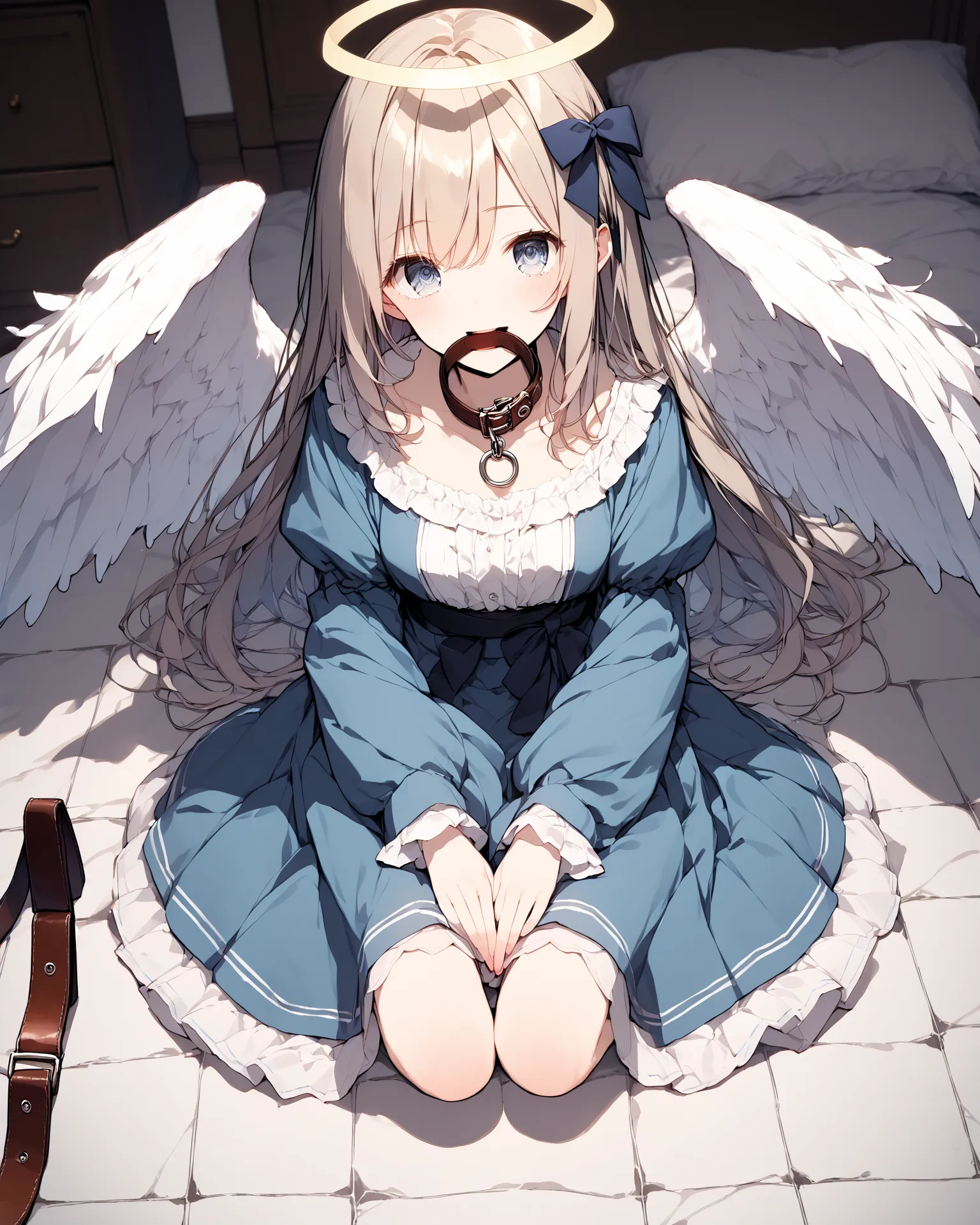 zPDXL, score_9, score_8_up, score_7_up, source_anime, rating_explicit, best quality, masterpiece, uncensored BREAK
girl, angel wing, angel halo, grgr eyes, light blue dress, head ribbon,
sitting on floor, head tilt, smile, (fullbody:1.9),
collar, (holding collar with mouth:1.4), holding, (open mouth:1.4),
in bedroom,  (from above),
<lora:collar4u-v3-pony-000010:1><lora:sdxl-eye_grgr:1>