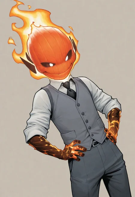masterpiece, absurdres, high quality, perfect anatomy, 1boy, solo, cute boy, male focus, doyle, Orange Fire, Black Scelera, colored scelera, white shirt, grey vest, belt, sleeves rolled up, smug smile, hands on hips, cinematic, intricately detailed illustration, depth of field, masterpiece, best quality, amazing quality, very aesthetic, absurdres, newest, very awa, shadow, dynamic angle, casual cosplay, dynamic pose, simple background,