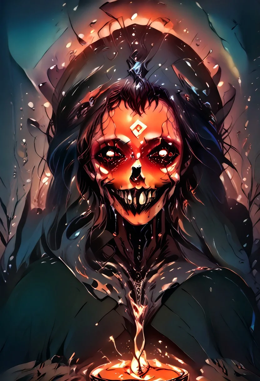 score_9, score_8_up, score_7_up,realistic,realistic style photo,cinematic light, film still,<lora:JuggerCineXL2:1.0>
rostran style, glowing, radiance, light art,horror (theme), eldritch abomination,Beuty,
1girl, necromancer, solo,thin arms, narrow shoulders, petite, Black hair,wavy hair,glowing green eyes, cute, Kawaii,slim girl, Short,
sharp teeth, evil grin, black sclera, glowing eyes,
Jed-Wtchc, witch outfit, Pointed hat, black dress, striped stockings, Side slit on the dress,
in a room, stand on a giant skull (epoxy_skull), in the middle of a pentagram, candles, candle lights, green candle lights,