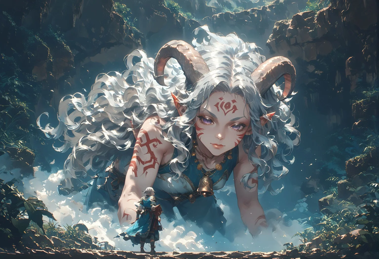 score_9, score_8_up, score_7_up, best quapoty, highres, absurdres, source_anime, 1 slender girl, solo, tiefling_bard_diana, red whisker_markings, silver long wavy hair, bell necklace, short pointy ears, purple eyes, <lora:Test_Diana:0.6>, bosstyle, <lora:Boss fight - xl pony v1.0:0.7>