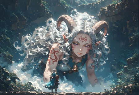score_9, score_8_up, score_7_up, best quapoty, highres, absurdres, source_anime, 1 slender girl, solo, tiefling_bard_diana, red whisker_markings, silver long wavy hair, bell necklace, short pointy ears, purple eyes, <lora:Test_Diana:0.6>, bosstyle, <lora:Boss fight - xl pony v1.0:0.7>