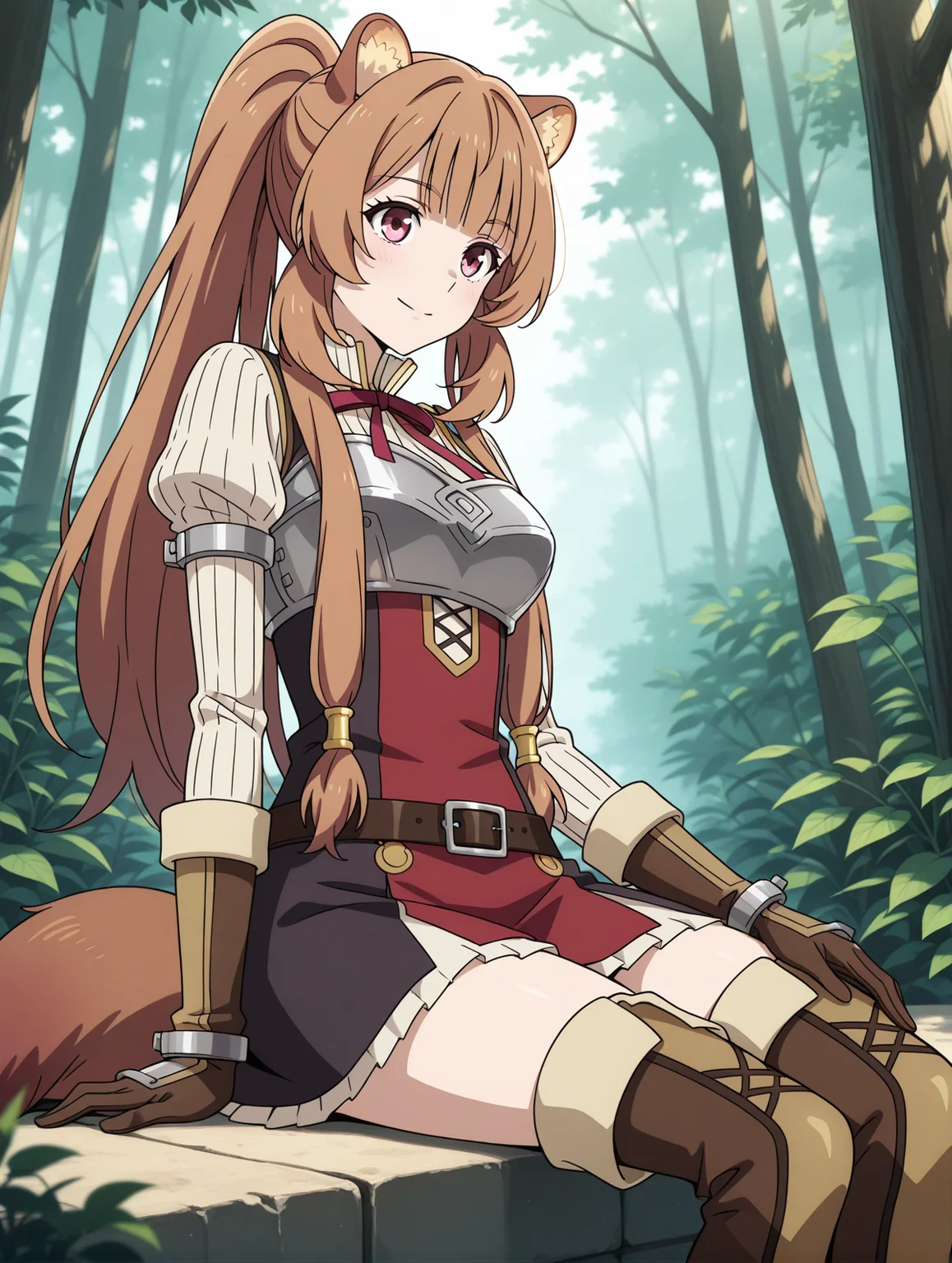 (red dress striped sweater red neck ribbon breastplate belt brown gloves thigh boots:1.50),
tny-raphtalia, pink eyes, brown hair, sidelocks, blunt bangs, raccoon ears, raccoon tail,
medium breasts, 1girl, solo, skinny,
(masterpiece, highres, ultra-detailed,very aesthetic, best quality, absurdres, high quality, highres),
happy,
sitting,
(:1.20),
BREAK,
nature,
ponytail
<lora:tny-raphtalia-V01-illXL:0.70>