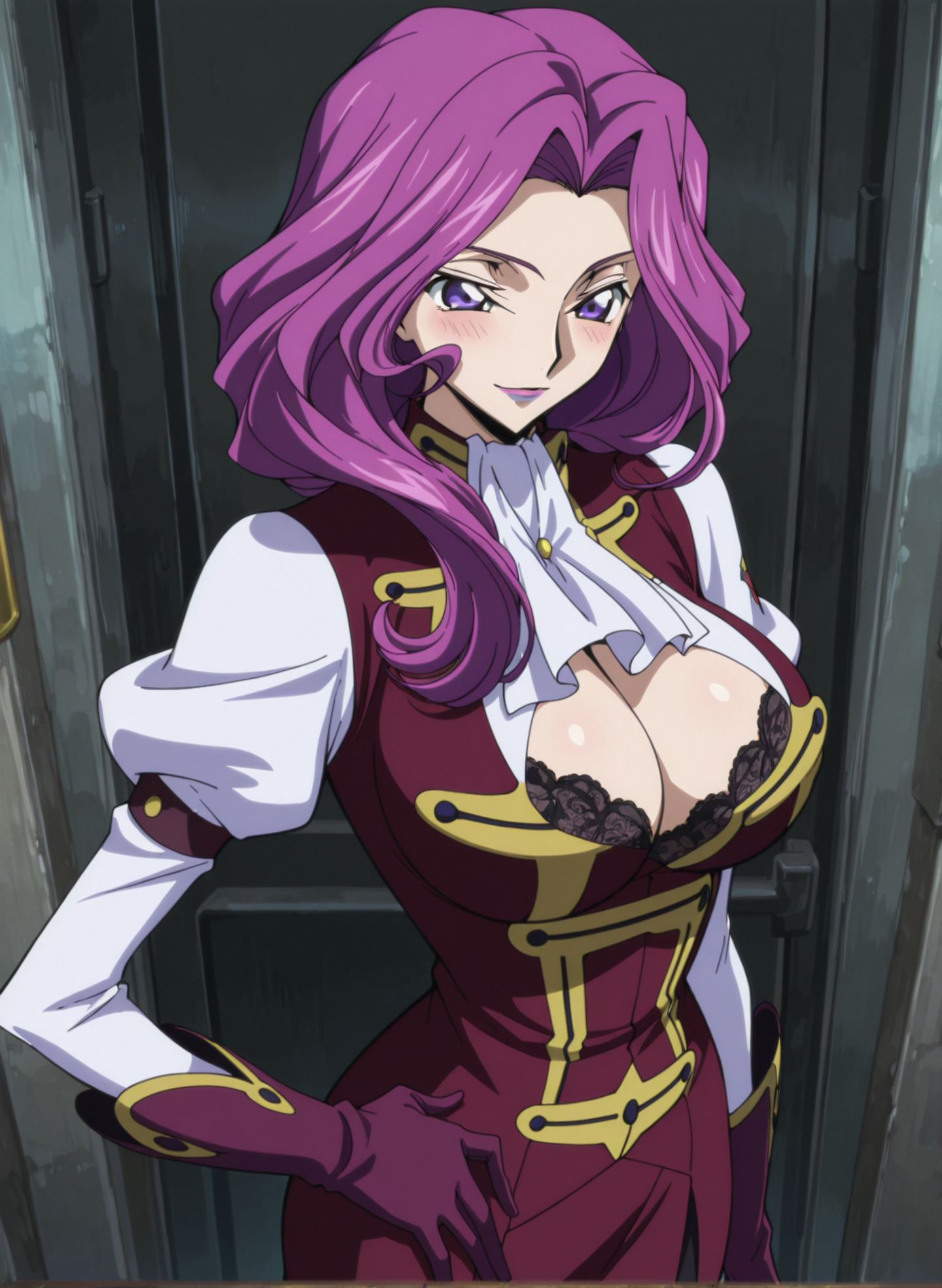 masterpiece,best quality,anime coloring,anime screenshot,
<lra:bra_peek:1>bra_peekV1,
1girl,breasts,cleavage,pantyhose,hand on own hip, 
solo,skirt,standing,  (black lace bra),large breasts, 
(bra peek),upper body, blush,  light smile, 
mm,mature female,purple hair,purple eyes,lipstick,large breasts,anime coloring, s1,wavy hair,s1 uniform,ascot,gloves,boots,<lora:Cornelia_li_Britannia-Code_Geass:0.8>
code geass, official art,