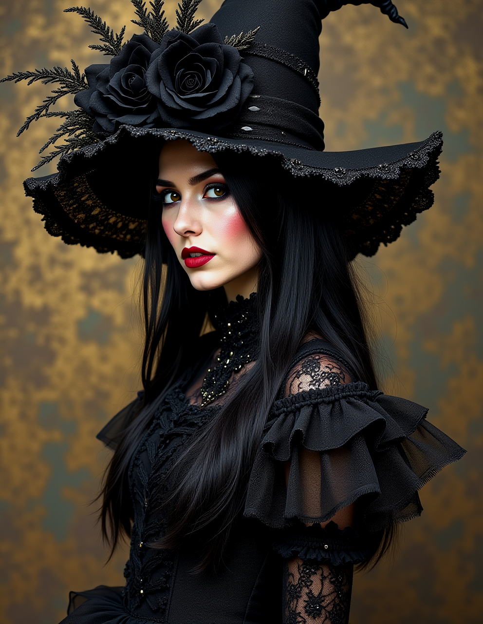 Masterpiece, woman in gothic dress, <lora:flower-power-000004:1.0>