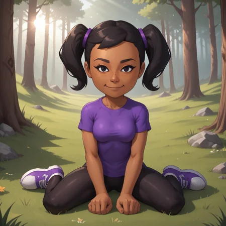 score_9, score_8, BREAK, solo, mii, wii, wii sports, 1girl, female mii, dark skin, dark skin female, freckles, black hair, twintails, black eyes, smile, purple clothing, black leggings, shoes, cute, Miyu_(\Wii_Sports\), Nintendo Mii, modern_mii, classic_mii, breasts, sexy pose, smile, outdoors, sunlight, shadows, evening lighting, natural lighting, forest, trees, grass, orange sky, sunset