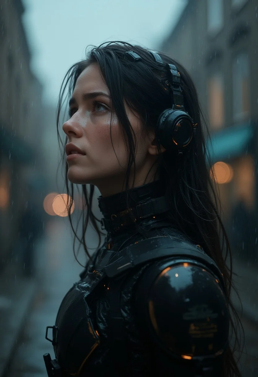 A girl is crying with tears, she looks afraid, wearing plastic bodysuit, medium shot fashion portrait, cyborg woman, black plastic case, mechanical gears visible under translucent casing, Retrofuturistic, brass accents, cyberpunk aesthetic, set in a dark street of a futurist London, there is heavy fog, it is storming, the rain hits her body and makes her wet, wet hair, crepuscular light, bioshock, broken circuits, out of order equipment, dark ambience, dramatic lightning, cast shadows, dystopian, raw photography, highest quality