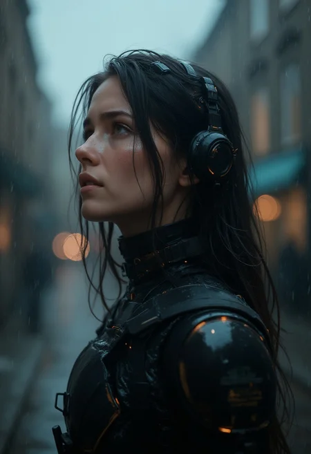 A girl is crying with tears, she looks afraid, wearing plastic bodysuit, medium shot fashion portrait, cyborg woman, black plastic case, mechanical gears visible under translucent casing, Retrofuturistic, brass accents, cyberpunk aesthetic, set in a dark street of a futurist London, there is heavy fog, it is storming, the rain hits her body and makes her wet, wet hair, crepuscular light, bioshock, broken circuits, out of order equipment, dark ambience, dramatic lightning, cast shadows, dystopian, raw photography, highest quality