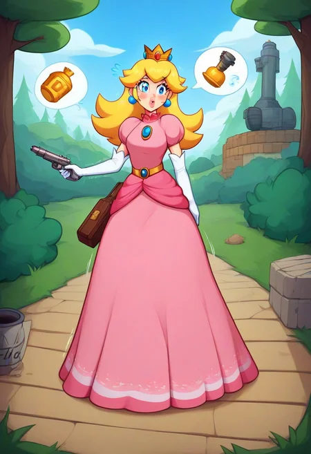 score_9,score_8_up,score_7_up,score_6_up,score_5_up,1girl, (princess_peach),mario_(series),(blonde_hair),blue_eyes,thick lips,glowing eyes,(wide hips),(thick thighs),curvy,happy,(blush stickers),tongue,pink dress,puffy shoulders,flower accesories, gold crown,gold belt,(long hair),(hand sign),white gloves,hair acccessories,holding wooden hammer,Jed-StickyN,belt,bullet belt,potion bottles,(bomb:1.4),lace pink dress,one-piece dress, long skirt,(gun case),CHRC4ND7,(forest),dress made of paper,(jewelry made of candies),(weapons made of paper),thick lips, wooden hut in the background,armory near forest,stone path, (motion lines:1.4),(trembling lines:1.4),(steamy breath),(flying sweatdrops:1.4),(clouds,stone bridge,statues made of paper), deep background,bracalet,gold necklace,mole,(??:1.4),origami, masterpiece,best quality,newest,absurdres,best shadow,light particles,4k,highly detailed background,amazing quality,very detailed clothes,highly detailed skin,wooden fence,umbrella, emphasis lines,very aesthetic,dynamic angle,high quality,gun, best shadows,spoken star,elbow gloves,<lora:add-detail-xl:2>