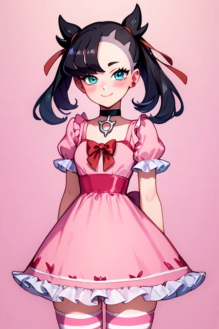 score_9, score_8_up, score_8, medium breasts, (curvy), cute, eyelashes, BREAK, , Marnie_(Pokemon), aqua eyes, black hair, black choker, red ribbon, pink dress, jewelry, <lora:Marnie_PDXL_ShadowxArt:0.8>, , BREAK, closed mouth, alternate costume, smile, looking at viewer, blush, zzLFashion, frilled dress, frills, bow, dress, striped thighhighs, sweetL, cowboy shot, embedding:zPDXL, Expressiveh, <lora:Vivid:0.7>, <lora:LFashionPDXL:1>, <lora:Uncensored_PonyXL_cpt_v02.09:0.4>, <lora:Expressive_H-000001:0.4>,