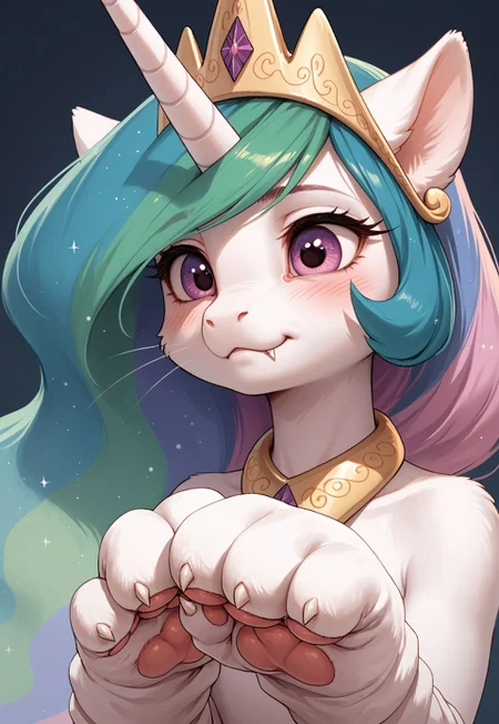 score_9, score_8_up, score_7_up, solo. pony, mare, zPDXL3, imp4ct_style, Princess Celestia_(mlp), close_up, face_focus, :3, blushing, wearing_cat_ears, cat's_whiskers, wearing_cat_paws, cat_paws_gloves, hoofs_near_face, anthro