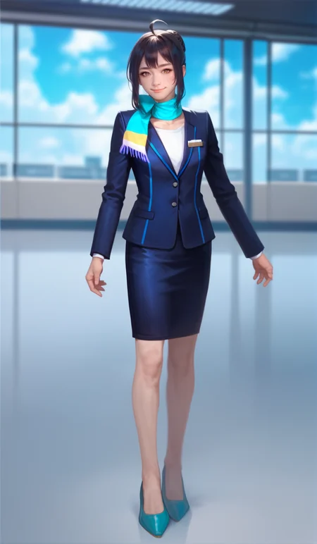 score_9,score_8_up,score_7_up,
<lora:xinxianying:0.9>,xinxianying,
highres,photorealism,bloom,
1girl,solo,black hair,updo,bangs,ahoge,yellow eyes,looking at viewer,smile,dark blue blazer,white undershirt,dark blue pencil skirt,teal scarf,cyan heels,full body,standing gracefully,left hand resting naturally by her side,right hand bent at the elbow with palm facing up as if guiding or introducing,confident and friendly expression,elegant,
blurry background,
indoors,blue sky,cloud,
airport,hall,
light particlest,Lens Flare,