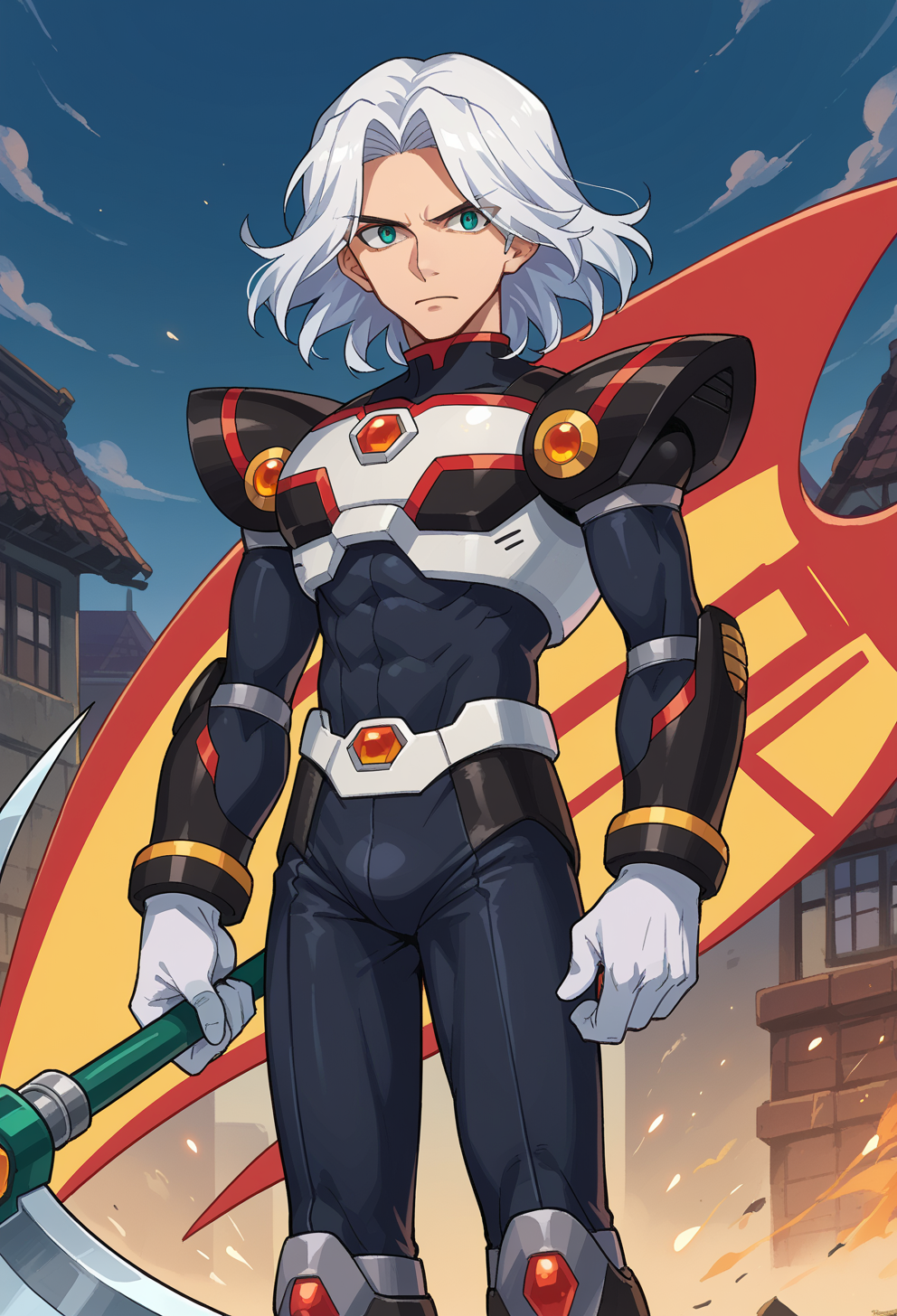 score_9, score_7_up, source_anime, solo, BREAK  <lora:Reploid_v2.0:0.8> megamanreploid, android, gloves, white gloves, armor, bodysuit,   helmet, black armor, holding scythe,, solo, 1boy, teal eyes, tsurime, parted bangs, white hair, medium hair, straight hair, shoulder-length hair,