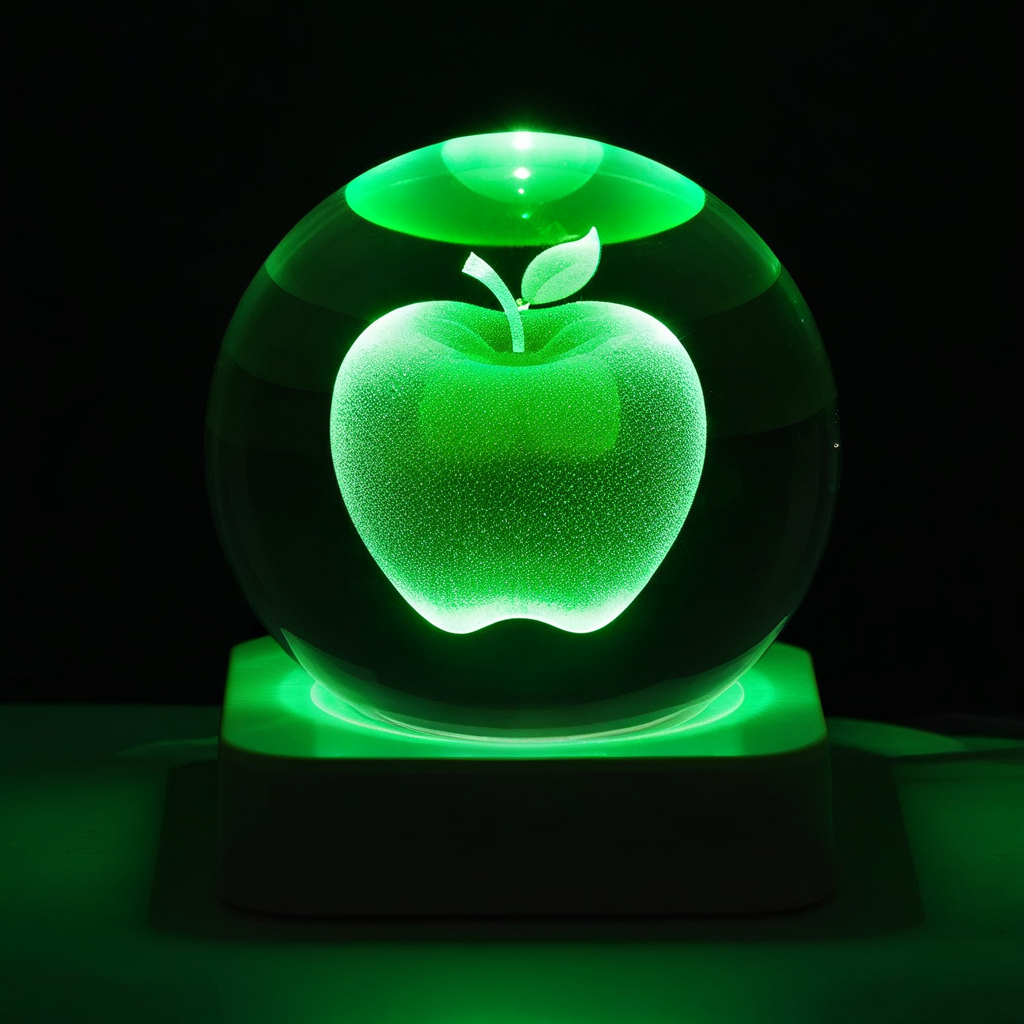 a crystal ball with a apple inside of it,green night light, photo <lora:CrystalBall_1.0:1>