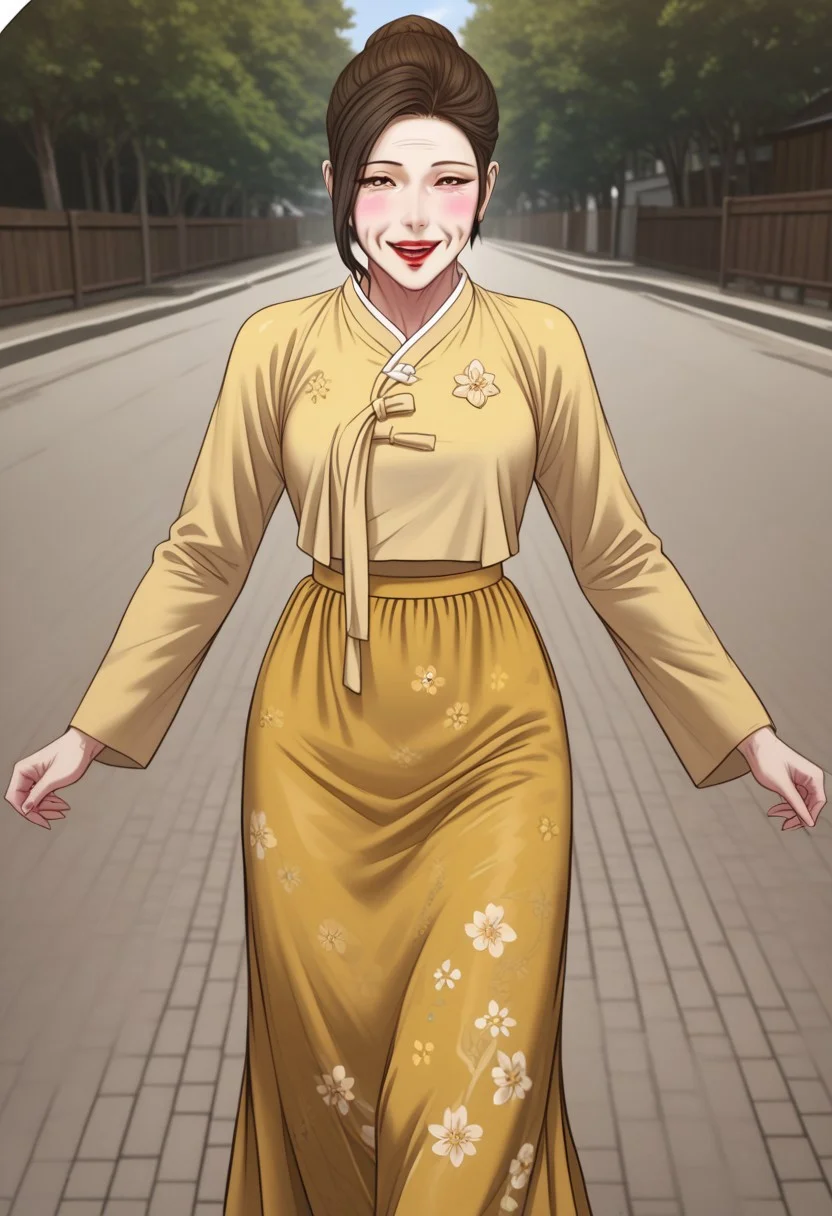 score_9, score_8, score_7, score_6, score_5_up, 1girl, solo, ja-young lee, old woman, gilf, pale skin, yellow hanbok, floral print hanbok, long dark yellow skirt, floral print skirt, brown hair, long sleeves, red lips, large breasts, lipstick, makeup, skirt, single_hair_bun, hair bun, black eyes, smile, open mouth, teeth, blushing, walking, incoming hug, looking_at_viewer, pov, full_body, (((dynamic pose))), outdoors, afternoon, (((detailed_background))), ((perfect anatomy)), best quality, masterpiece