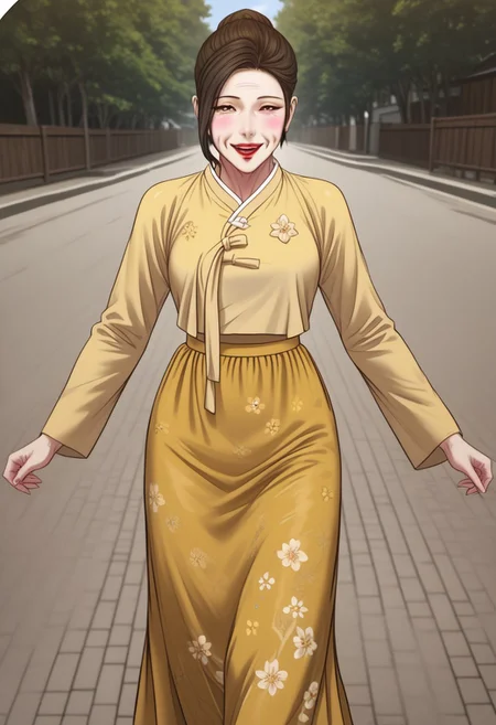 score_9, score_8, score_7, score_6, score_5_up, 1girl, solo, ja-young lee, old woman, gilf, pale skin, yellow hanbok, floral print hanbok, long dark yellow skirt, floral print skirt, brown hair, long sleeves, red lips, large breasts, lipstick, makeup, skirt, single_hair_bun, hair bun, black eyes, smile, open mouth, teeth, blushing, walking, incoming hug, looking_at_viewer, pov, full_body, (((dynamic pose))), outdoors, afternoon, (((detailed_background))), ((perfect anatomy)), best quality, masterpiece