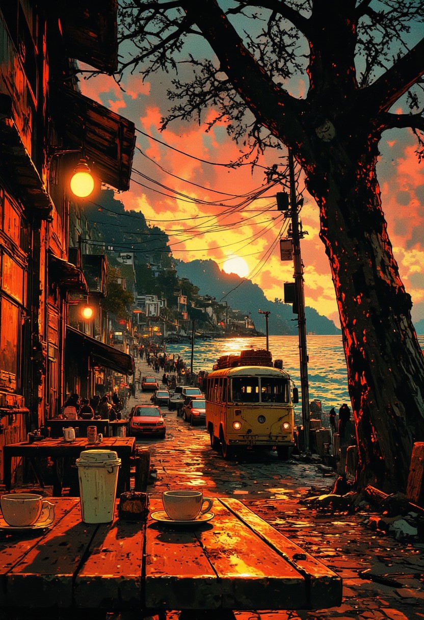 A cozy café with a wooden interior, offering a perfect view of a breathtaking sunset over a bustling seaside street. Two takeaway coffee cups rest on a rustic wooden table near the window, illuminated by the soft glow of hanging lightbulbs. Outside, vintage buses and cars line the sloping road leading down to the shimmering water, reflecting the golden hues of the setting sun. Silhouettes of people walk along the waterfront, enjoying the tranquil evening. A large tree with sprawling branches frames the scene, adding to the nostalgic and peaceful atmosphere. The sky is painted in deep oranges and soft pinks, blending seamlessly into the darkening blue as night approaches.