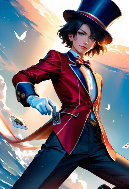 masterpiece, best quality, amazing quality, 1boy, Joyful, soft gaze, smiling, [(((brown eyes)))], (fair skin), (short hair, slightly wavy hair), ((pronounced cheekbones and chin)), ((face is rounder)), (male face), BREAK, circus magician outfit, circus pattern on jacket, red jacket, white gloves, white butterfly clothes, top hat, white t-shirt, playing cards in hand, black trousers, card tricks, BREAK, (full portrait view), look to viewer, from narrow, epic poses, BREAK, 
cinematic lighting, highly detailed, dynamic shading, artstation illustration, semi-realistic style, realistic/anime style, fantasy-modern vibe, masculine face, ((black pupils)), best eyes anatomy, best face anatomy, best hands anatomy, BREAK,  very aesthetic, best quality, BREAK,  dark lighting, dark colours, attractive features, detailed hair, detailed features, realistic facial features, BREAK, sea background, dynamic poses, dynamic angle,