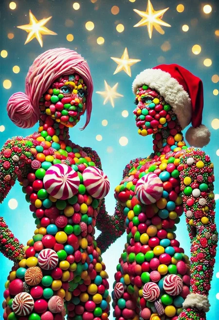 CHRC4ND7,  two Female Cyborgs with Santa hat, <lora:mrpcanrnet2:1> style of paint of mrp, mrph of a carnet mrpcanrnet2 with mrpdamier on (mrpvp), covered of mrpv,