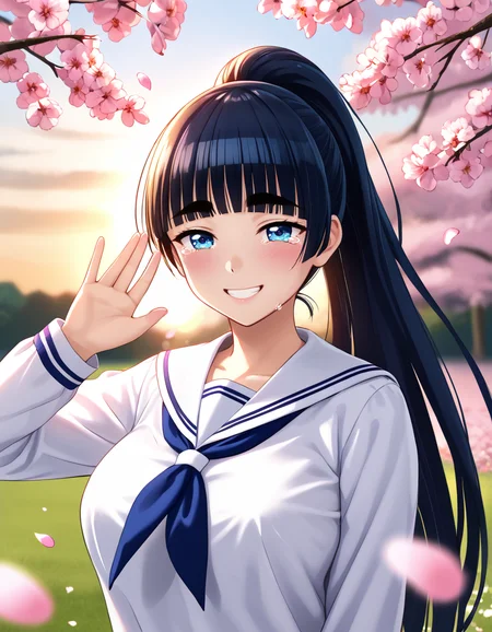 Score_9,Score_8_up,Score_7_up,<lora:Ebino_Mei_Pony:1>,ebino mei,long hair,high ponytail,blunt bangs,thick eyebrows,eyebrows visible through hair,blue eyes,tall female,large breasts,
a beautiful girl with tears streaming down her cheeks,smiling gently,waving goodbye,emotional farewell scene,dramatic lighting with soft backlight and rim light,sunlight shining through her hair,sparkling tears catching the light,wind blowing her hair and clothes slightly,soft glow,cinematic atmosphere,bittersweet expression,close-up portrait,ultra-detailed face and eyes,shallow depth of field,soft focus background,
in a Japanese school uniform,cherry blossoms falling,sunset background,waving,narrowed eyes,i'm tilting my head,tears,smile,sad,
a beautiful girl in the center smiling with tears in her eyes,waving goodbye,emotional farewell atmosphere,all characters smiling with a hint of sadness,dramatic golden hour lighting,backlit by warm sunset,soft rim lighting on hair and faces,wind gently blowing clothes and hair,cherry blossom petals floating in the air,cinematic framing,captured moment,nostalgic tone,natural expressions,emotional anime style,