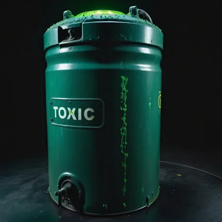 photo focus on military cylindrical toxic waste container spilling luminous glowing oil fluid, with hydraulic metal lock, from above, science fiction, glowing cyberpunk, translucent, <lora:IteMaker-v1e3:1>, black background, green theme , film, professional, 4k, highly detailed, grit, (rust:0.65), cracks, cracked surface, subtle messy, dust, weary, edges rusty dusty, surface scratches, peeled sun bleeched paint, smudges, crumbles, rugged, used