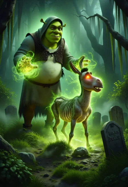 Shrek, dressed as a necromancer in a dark, tattered hooded robe, stands in a misty, overgrown cemetery. He is using green necromantic energies to raise Donkey from a grave. A tombstone reads "Here lies Donkey"