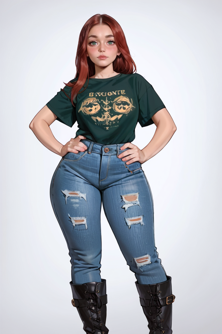<lora:RealMix27:1>, score_9, score_8_up, score_7_up, score_6_up, score_5_up, rating_questionable, source cartoon
1girl, pretty face, pretty eyes, detailed eyes, HD eyes, thick thighs
hands on hips, standing, cowboy shot
looking at viewer, blush, eyebrows, long hair, red hair, green eyes jeans, green t-shirt, boots, high waisted jeans
simple background, white background