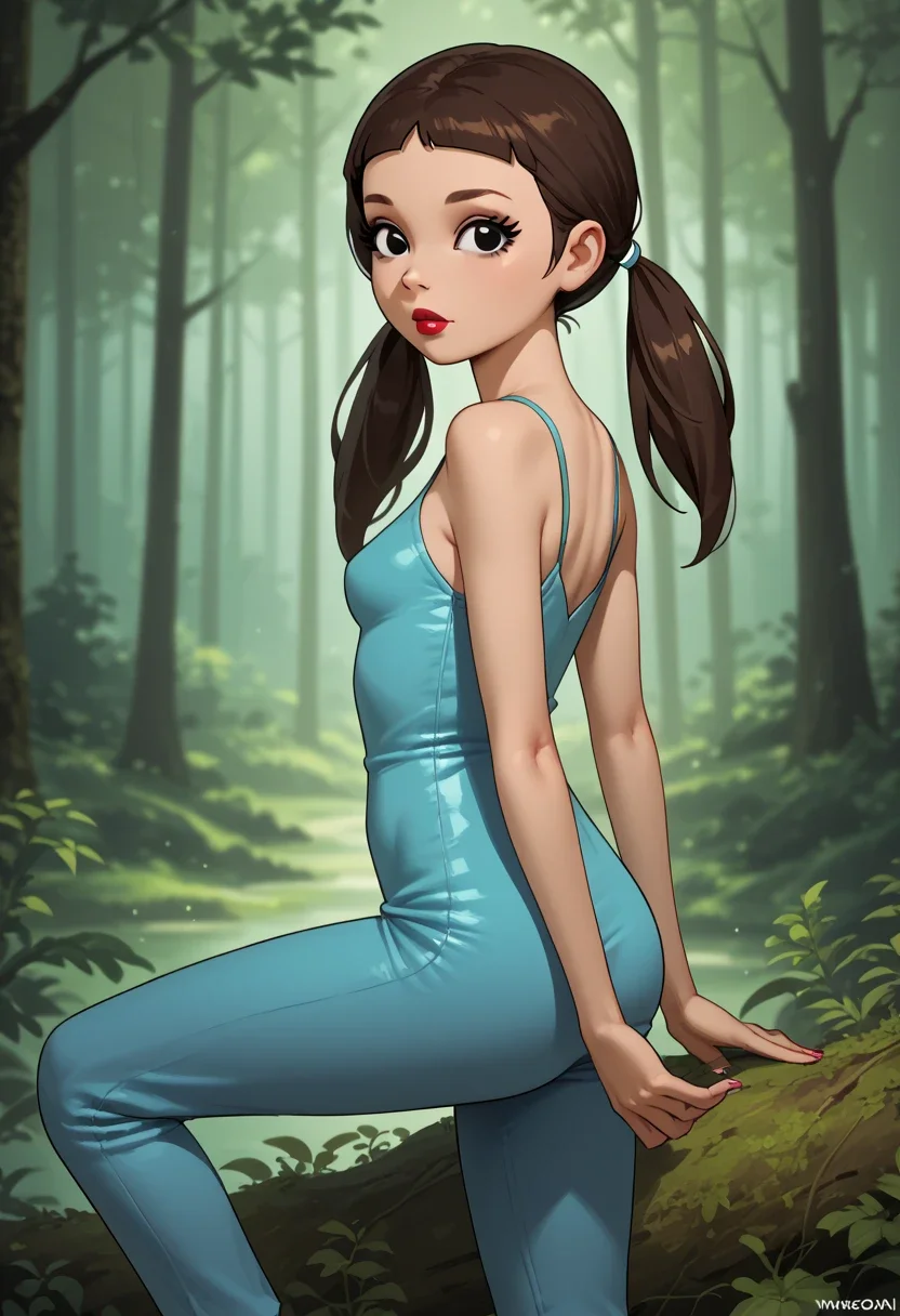 score_9, score_8_up, score_7, 1girl, solo, Marina, (adult body:1.2), adult face, perfect eyes, slim body, small perky breasts, small butt, brown hair, twintails, black eyes, makeup, eye shadow, eyeliner, lipstick, chereful, dress, blue pants, black flats, modeling, forest, noon