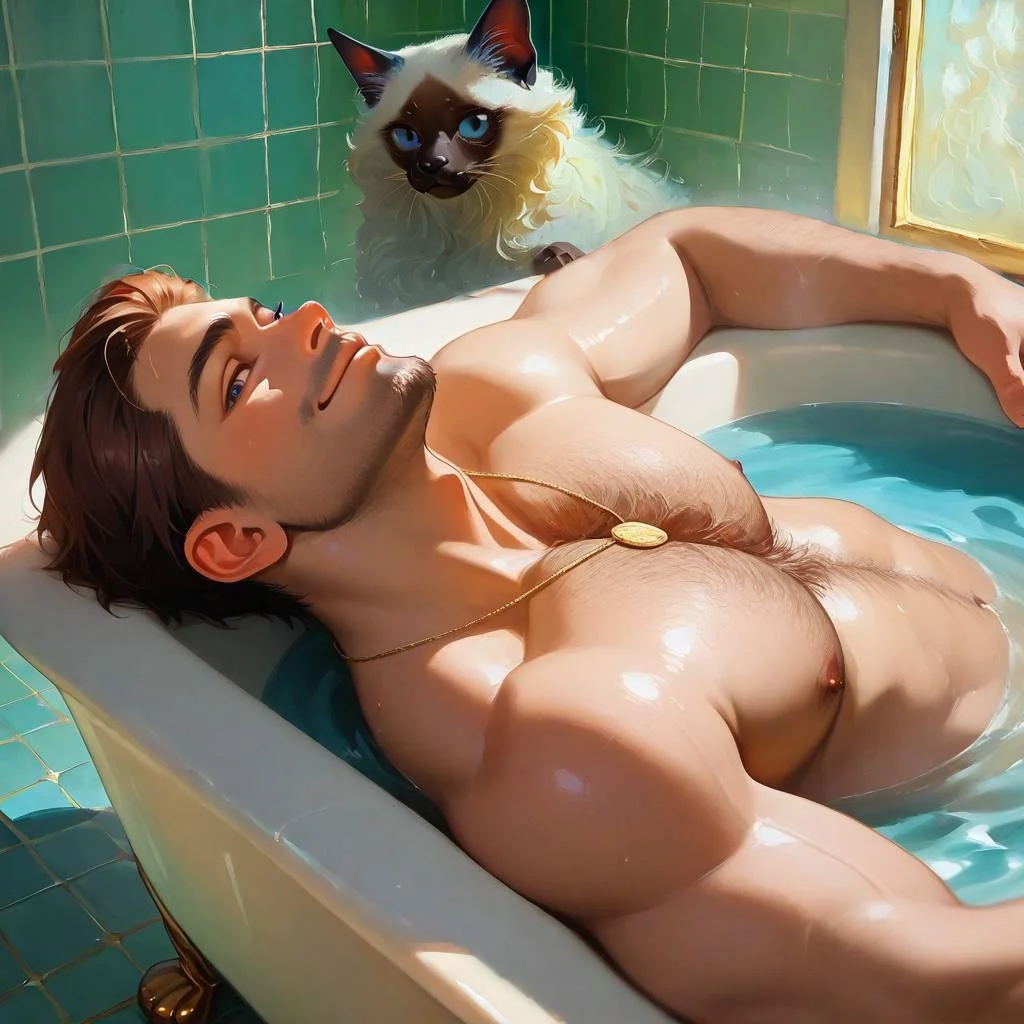 masterpiece, absurdres, newest, a  fluffy siamese cat , beautiful bright blue eyes,( extreme slit pupil:1.2), (small pupil:1.2) reflective surface,  wondering in the bathroom, painterly, faux traditional media, realistic <lora:My_New_Bara:1.3> <lora:Faux Oil Painting Style LoRA_Pony XL v6:0.7>