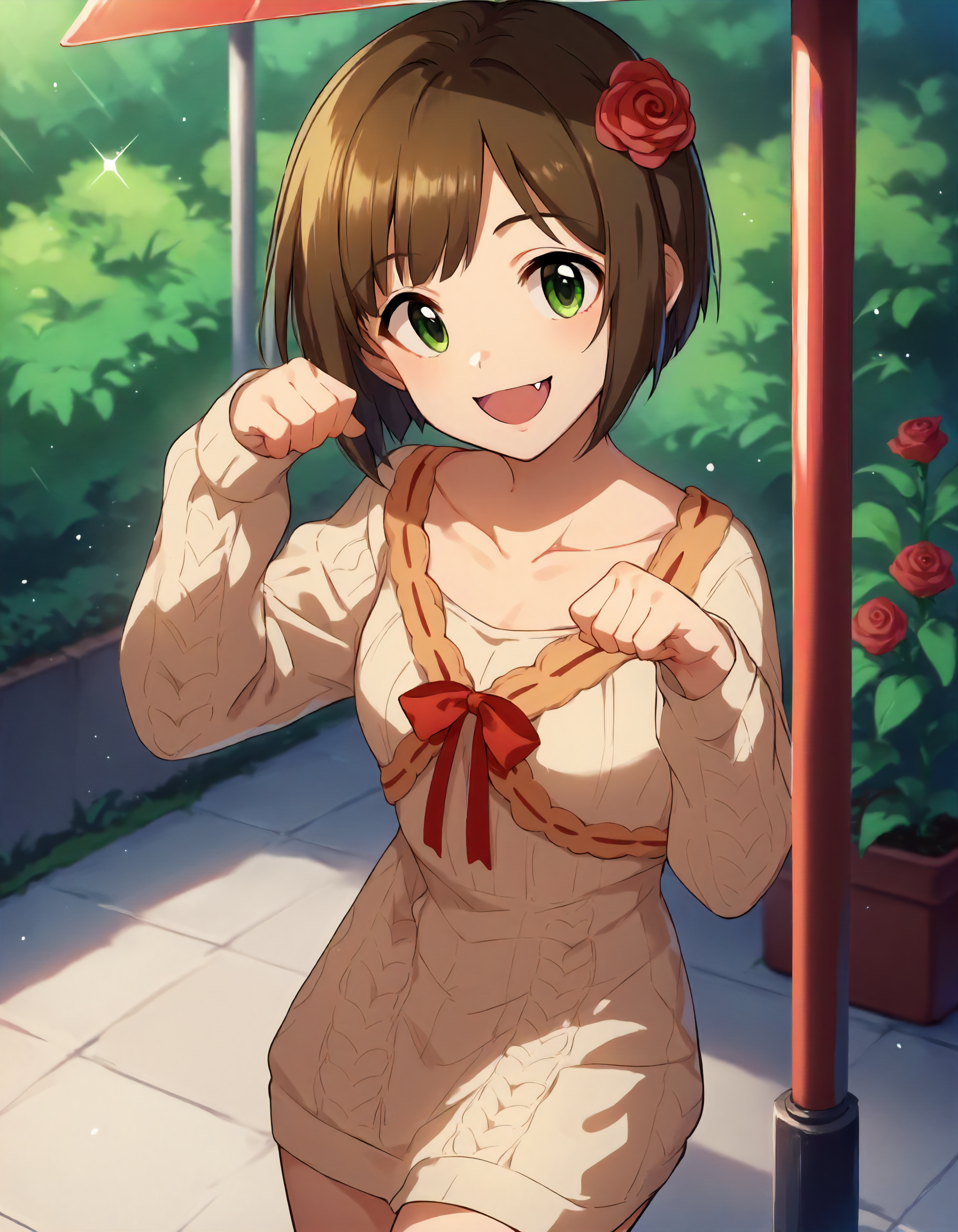 score_9, score_8_up,score_7_up,1girl,solo,cowboy shot,paw pose,looking at viewer,smile,open mouth,fang,outdoors,
<lora:maekawamiku_ponyXLV6:0.8>,cgmmk,brown hair,short hair,bangs,green eyes,
hair flower,rose,sweater,collarbone,ribbon,sweater dress
