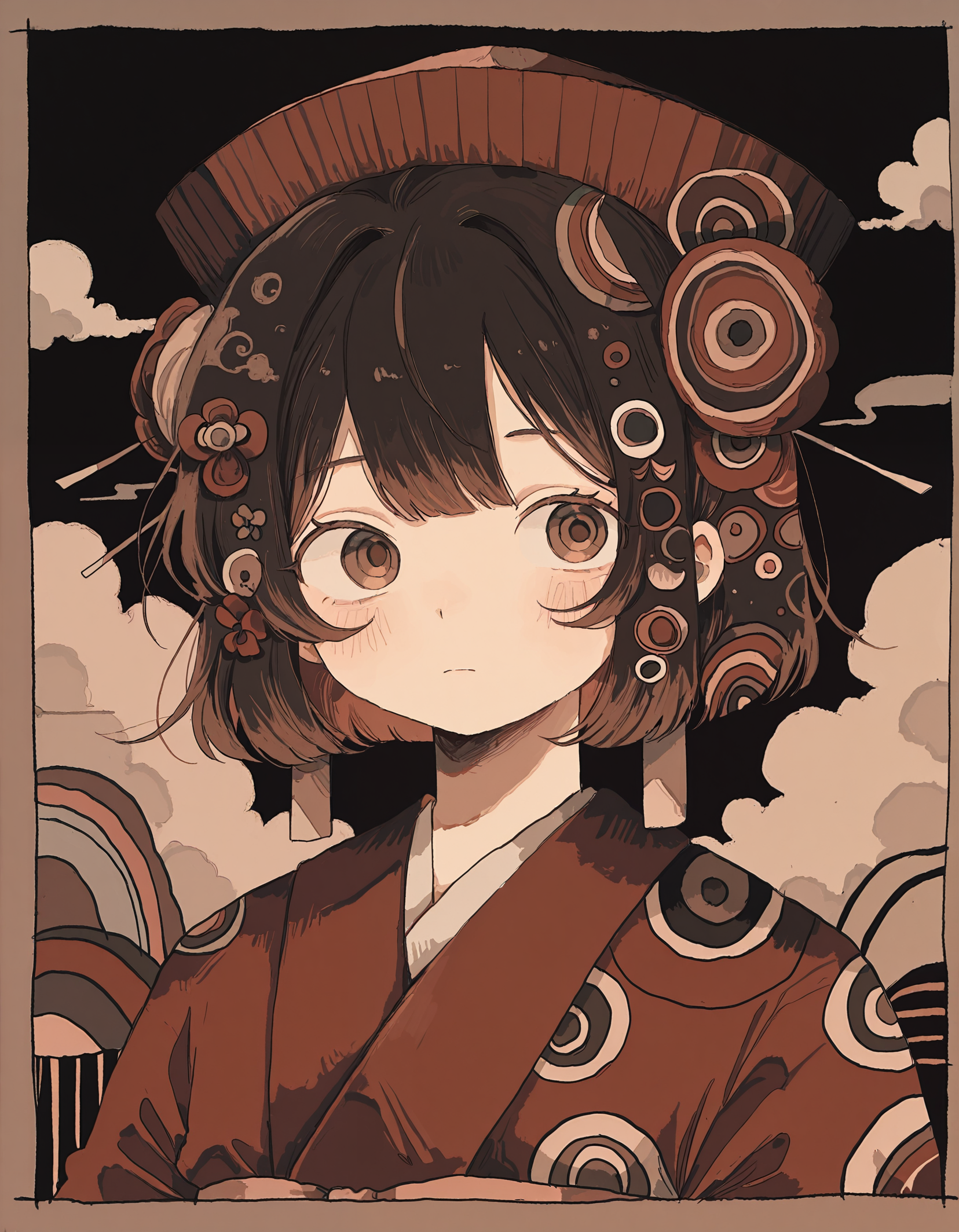 masterpiece,  best quality, newest, highres, absurdres, <lora:wasabi_natsume_style_r1:1>,wasabi_natsume_illu,abstract,surreal,  1girl, solo, japanese clothes, kimono, upper body, brown eyes,cloud, short hair, closed mouth, blush, brown hair, red headwear, hair ornament, border,blending,