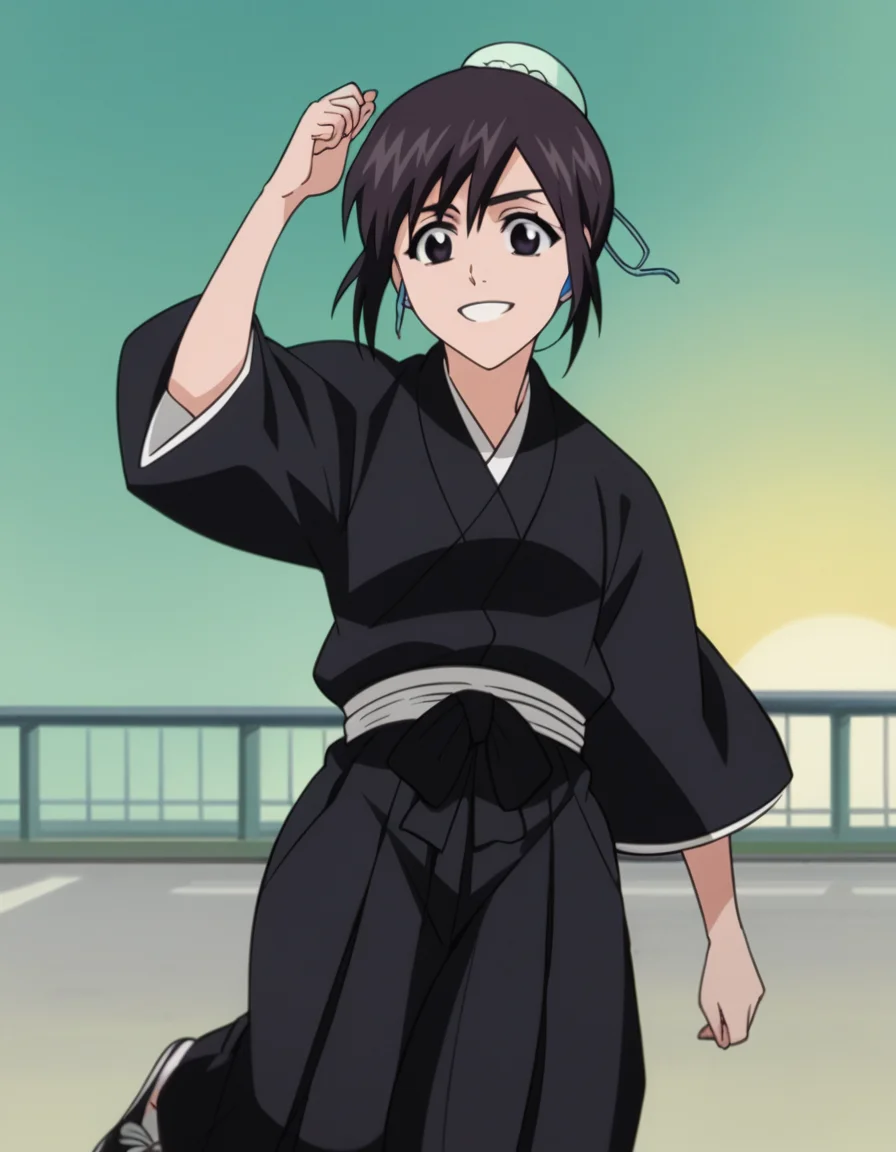 score_9, score_8_up, score_7_up, source_anime, <lora:momo-hinamori-anime-ponyxl-lora-nochekaiser:1>, momo hinamori, black hair, hair bun, single hair bun, bun cover, short hair, black eyes,, long sleeves, japanese clothes, kimono, haori, black kimono, hakama, black hakama,, suburban neighborhood, morning jog, earphones, running shoes, fresh air, sunrise, smile, looking at viewer, arm out, knee up, hand open, solo,, cowboy shot, dutch angle