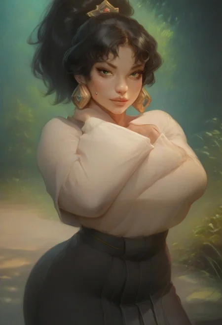 (score_9, score_8_up, score_7_up), score_6_up, best quality, masterpiece, extreme detail, perfect lighting, 4k, 2d, rating_explicit, nsfw, very detailed, best quality, highly detailed texture, depth of field, masterpiece, BREAK, 1girl, ChelXLP, chel, majestic,beautiful bright pupils, black hair, ((ponytail)),green earrings, cute face, (gorgeous face:1.3), (skin detail:1.3), (shadows:1.3), (sweat, steamy, oily, shiny:1.3), ((( black hair, large breasts,perfect body, thick thighs,
 short hair, ear piercing,jewelry, japanese clothes, long sleeves, asymmetrical sleeves, hakama skirt, bridal gauntlets,
 fantasy, solo focus,epic, concept art, realistic, highly detailed, upper body, looking at viewer ))), looking at the viewer, detailed, intricate details, realistic,((( top view))), tan skin,cowboy shot,csr style,g4n1m3,Sculpted grace