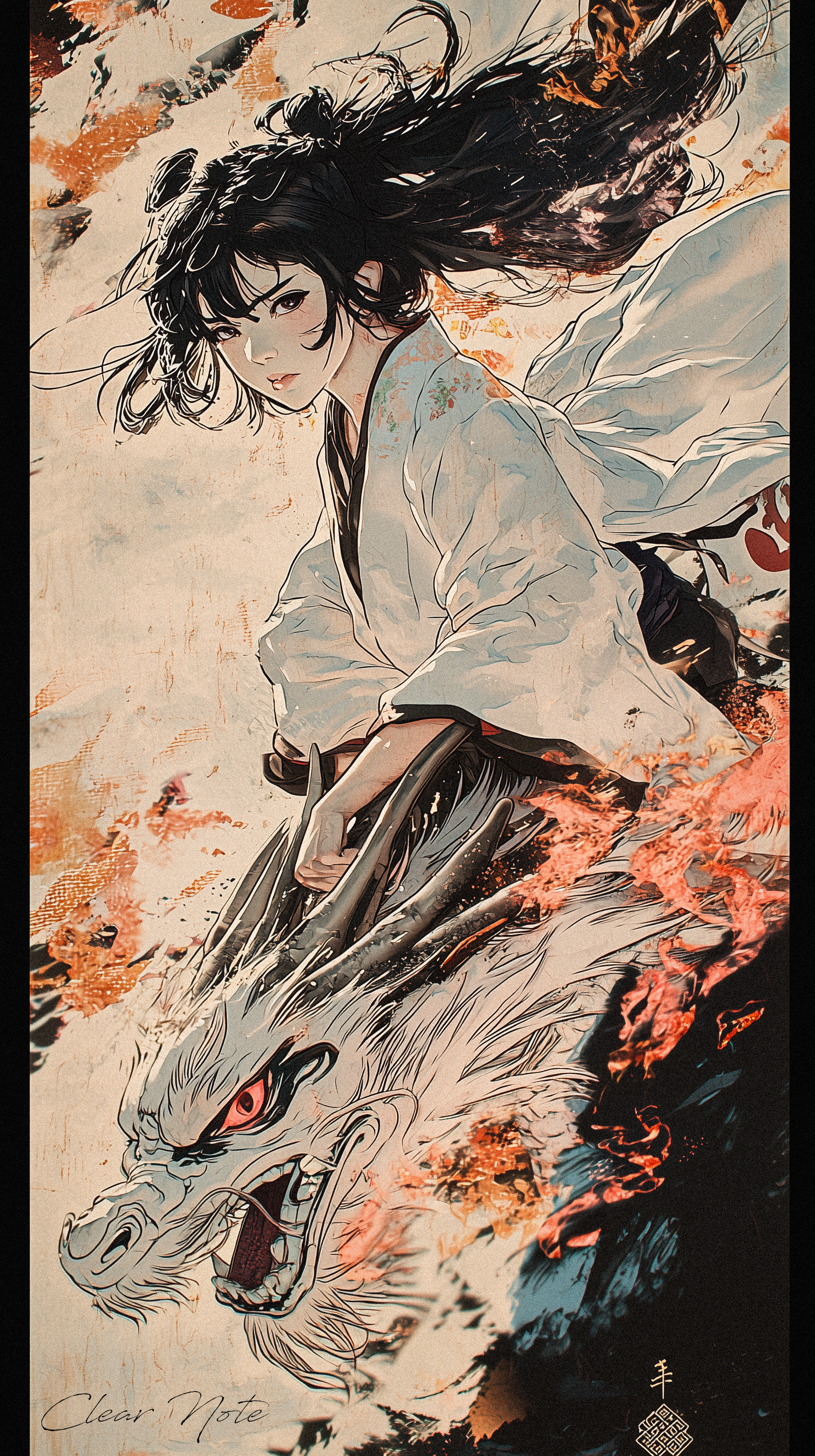 Japanese anime art style, Ukiyo-e,

Upon the dragon's blazing crest,
A girl in kimono stands, possessed.
Flames dance around her slender form,
A guiding light amidst the storm.

Her gaze commands with quiet might,
A harmony of fire and flight.
The dragon bends to her whispered call,
A timeless bond that conquers all.

With every step, the embers flare,
A tale of power, bold and rare.
Girl and beast, in flames entwined,
A fiery legend, forever enshrined.