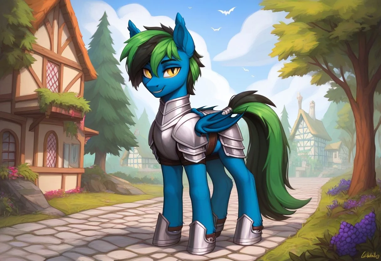 score_9, score_8_up, score_7_up, score_6_up, score_5_up, g4, pony from my little pony friendship is magic, big flanks, anatomically correct, Bat pony, thestral, bat wings, feminine, twink, femboy, trap, lithe, fit, sporty body, feminine male, girly boy, male, Blueberry blue body, blueberry blue fur, Black blue mane and tail, dark green streak in mane and tail, two tone mane and tail, short mane, femme, Slit eyes, golden eyes,
outdoors, medieval town, trees, forest, village, quiet, peaceful, outside, cobblestone path, cobble street,
Paladin, silver knight armor, silver armor, platemail, plate armor, smile, friendly, kind, gentle, soft, friendly, adorable, solo, blueberry blue body, blueberry blue fur, dark green streak in mane and tail