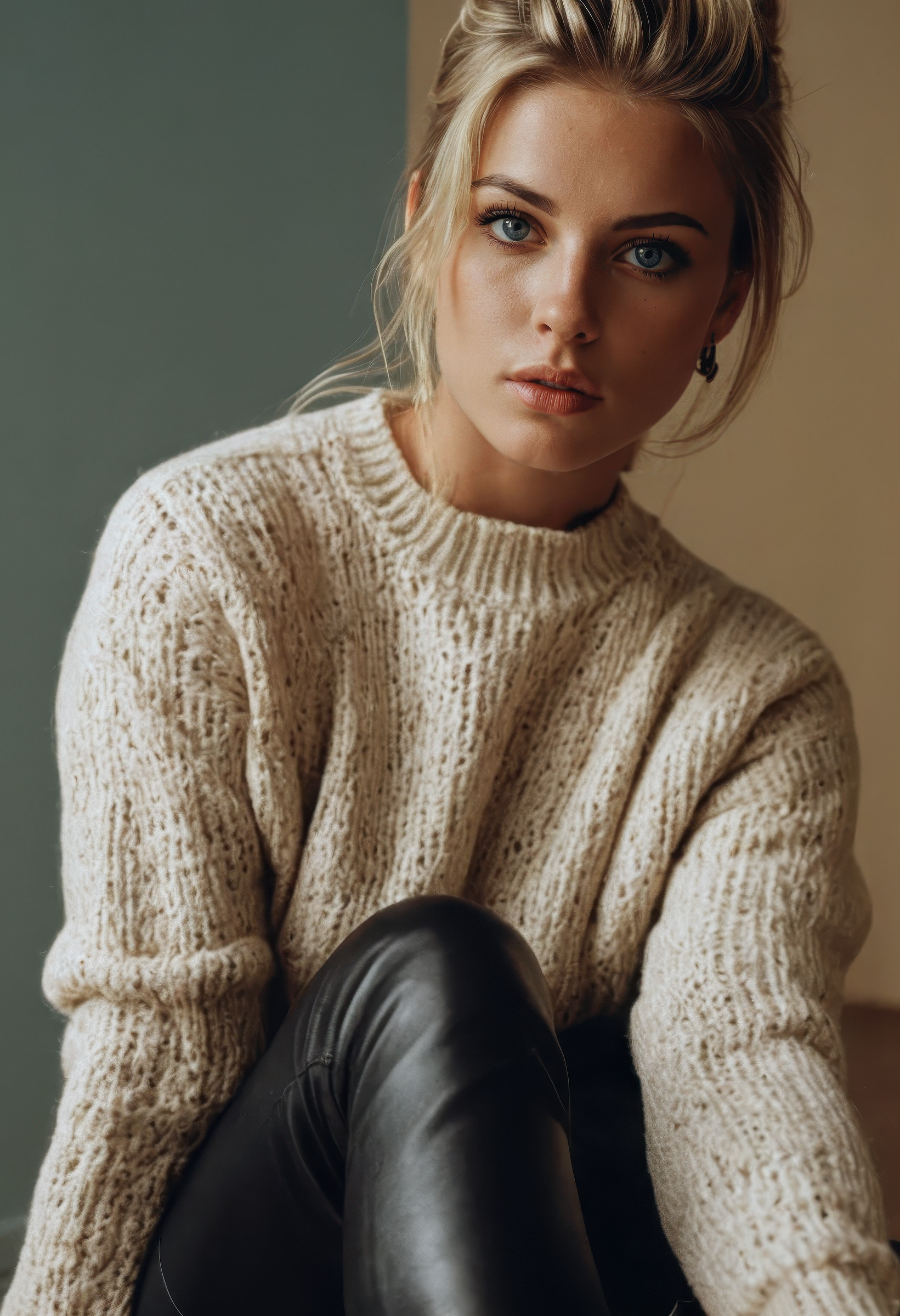 sdxl_doutmurpv1, cinematic photo, parted lips, perfect pompadour hair, ring, (crewneck sweater with faux leather leggings and lace-up boots), shot on vintage 35mm film, warm tones, slight grain, soft contrast, cinematic lighting, richly detailed texture