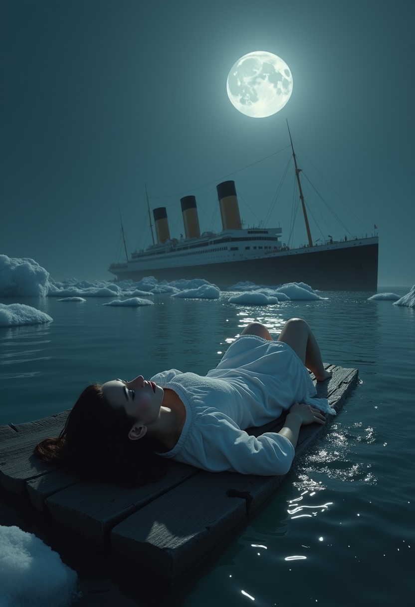 masterpiece, 8k, HDR, best quality, (highly detailed skin), photography, analog style, real life, extremely beautiful, (highly detailed, intricately detailed), (alluring eyes), (3d), (2characters), (1woman and 1man), (1woman), (lying on her back on a piece of wood floating in the water), (white dress), (1man), (floating in water), (white shirt), holding hands, love, anguish, despair, darkness, ice, cold, dark night, chunks of ice in the water, titanic ship (sinking in the distance), in the ocean, full moon