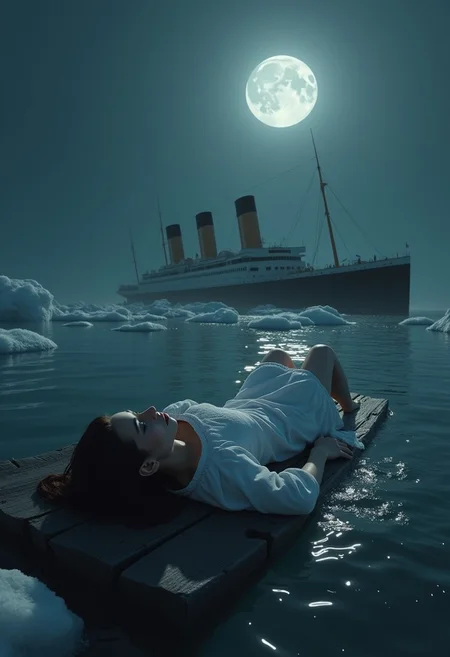masterpiece, 8k, HDR, best quality, (highly detailed skin), photography, analog style, real life, extremely beautiful, (highly detailed, intricately detailed), (alluring eyes), (3d), (2characters), (1woman and 1man), (1woman), (lying on her back on a piece of wood floating in the water), (white dress), (1man), (floating in water), (white shirt), holding hands, love, anguish, despair, darkness, ice, cold, dark night, chunks of ice in the water, titanic ship (sinking in the distance), in the ocean, full moon