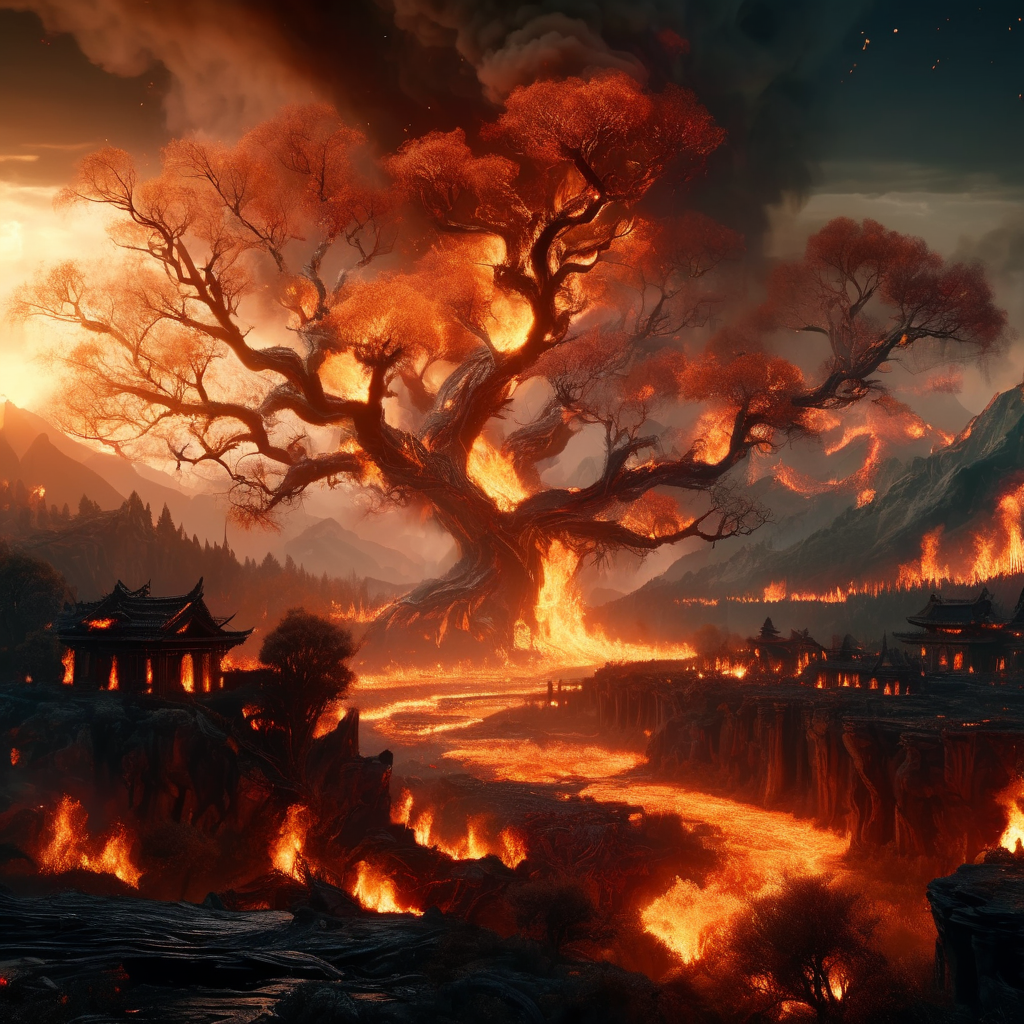 ignar fiery landscape, fire tree in the foreground, village, trees and mountains in the background, darkness, cinematic, enigmatic, photorealistic, very detailed<lora:ignar:1>
