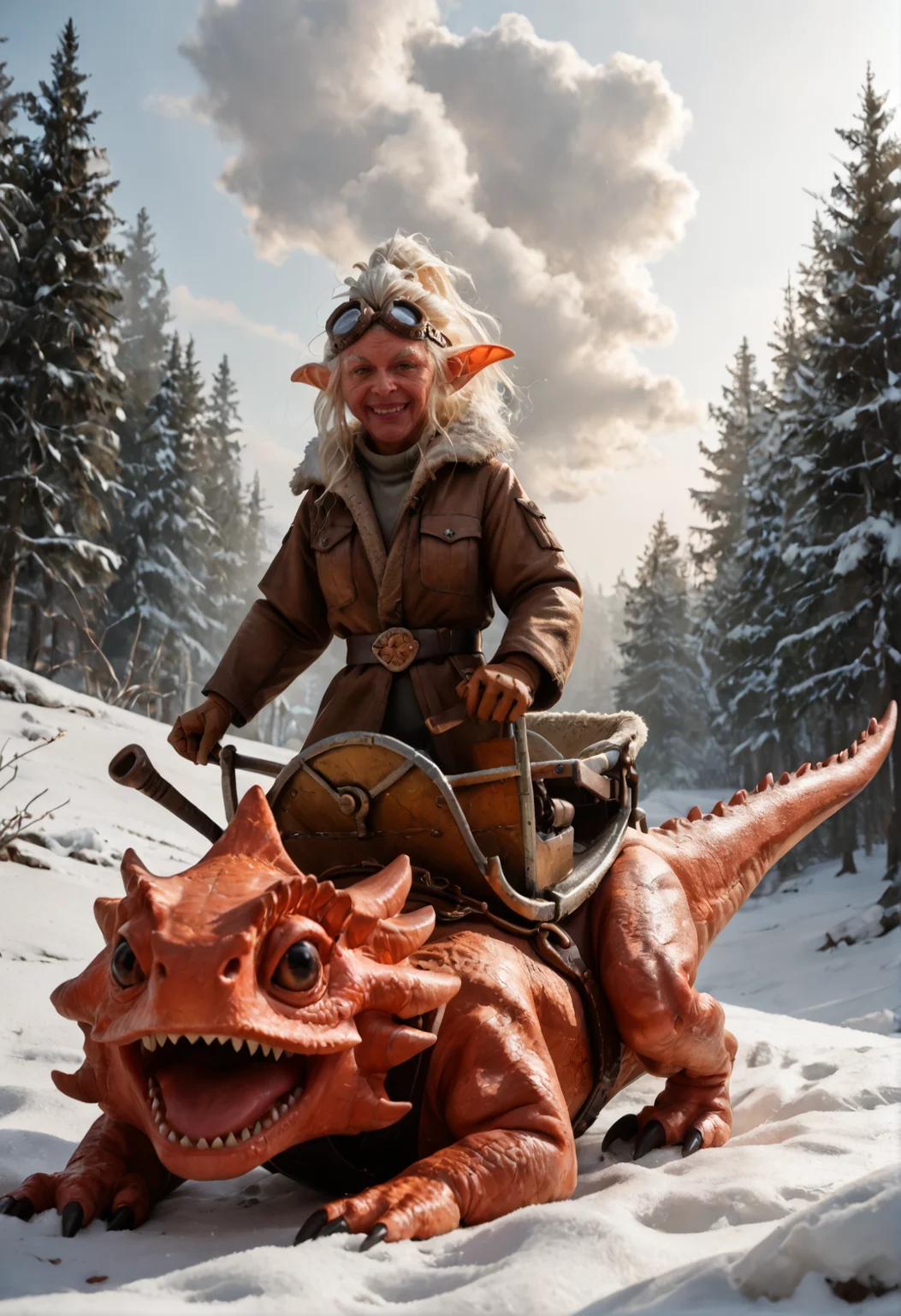<lora:snapfire_v1:0.85> snapfire_v1 , 1girl, (old women:1). 60 y.o, wrinkles. solo
monster girl,
blonde hair, bangs, white hair, big ponytail, messy hair, big bun
colored skin, (red skin:1),
pointy ears, goblin ears
brown eyes, orange eyes,
sharp teeth,
midget,
boots, brown gloves, brown jacket, brown pants, goggles, long sleeves, belt, fur trim, goggles on head,
Riding a dinosaur(mortimer_v1), dinosaur,, score_9, score_8_up, score_7_up, score_6_up, derpibooru_p_95,
detailed eyes, beautiful, detailed background, perfect eyes,
solo,
winter, A group of Viking warriors is battling a LoRa . The warriors, dressed in fur and leather, are attacking the giant with swords and axes. more giants looming in the distance.the background is filled with ice and snow,, The scene is dynamic and filled with motion,
blur censor, blurry, blurry background, blurry foreground, bokeh, motion blur,
chromatic aberration, depth of field, figure, focused, focus
photography, realistic sun light and shadows, photorealism, UHD --ar 9:16 --style raw --stylize 700,
