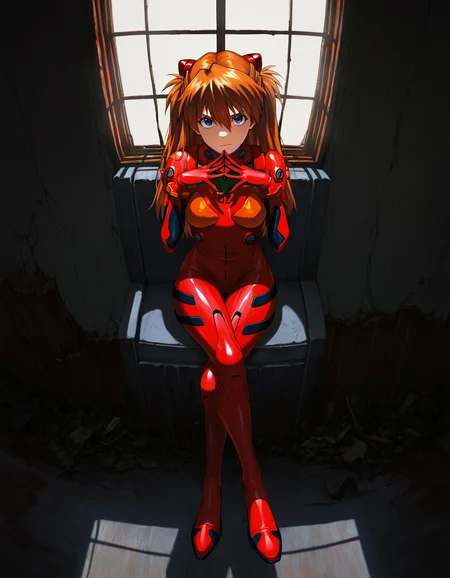 masterpiece, best quality, absurdres, oil painting medium, chiaroscuro, asuka langley, plugsuit, sitting, steepled fingers, looking at viewer, crossed legs, window shadow, fisheye, ruins