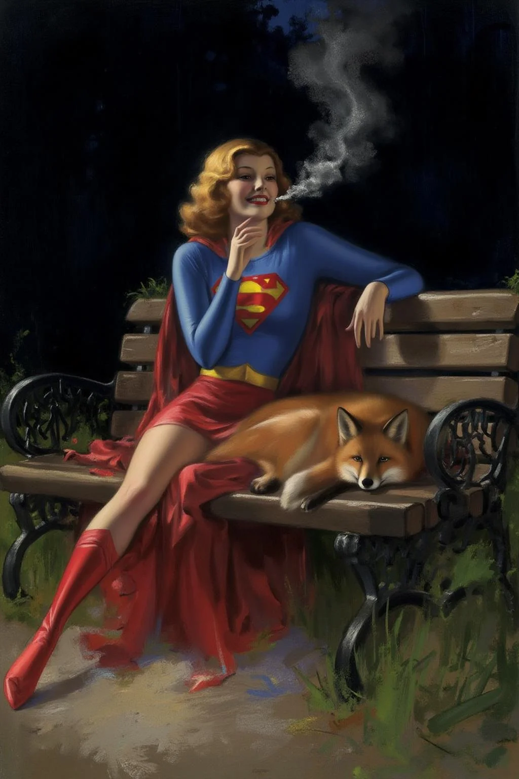 rolfarmstrong1 illustration.
A woman dressed as Supergirl, sitting on a park bench at night. She is smoking. There is a fox sitting beside her. <lora:rolfarmstrong1_cap_d8a4:1.0><lora:862567507913897256:0>