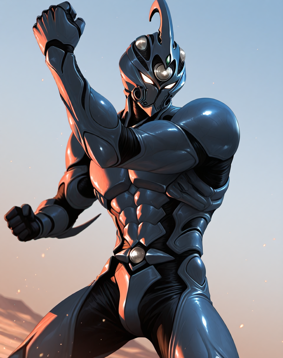 perfect depth of field shot, masterpiece, beautiful, sharp focus, crisp details,
<lora:Guyver_(Guyver)_(Illustrious)_(AD):1> Guyver, bioboosted armor, 
exterior, science fiction, high science fiction, action anime style background, 
dynamic action, dynamic perspective, dutch angle, bent knee, cowboy shot, 
male focus, perfect proportions, abs, impressive physique, gradient style anime coloring, strong, handsome facial features, imposing presence, ((colored body, fighting scene, solo, ):1.5), hyper muscular,
EZRealPONYXL, zPDXL, Smooth Quality, lazynsfw,