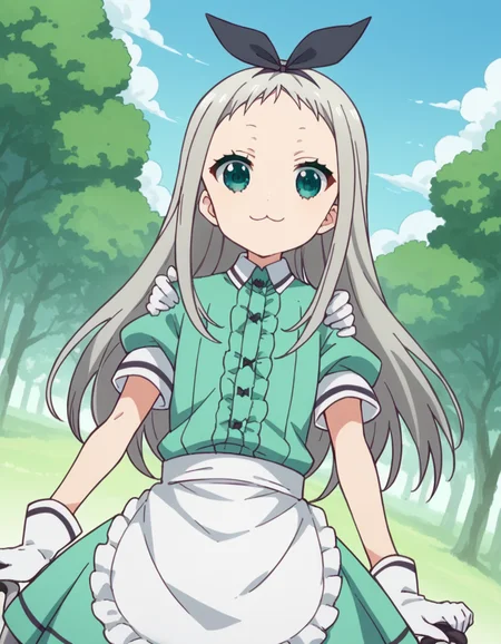 score_9, score_8_up, score_7_up, source_anime, <lora:hideri-kanzaki-s1-ponyxl-lora-nochekaiser:1>, hideri kanzaki, long hair, bow, green eyes, hair bow, grey hair, male focus, hairband, black hairband, otoko no ko, forehead,, gloves, dress, short sleeves, frills, puffy sleeves, white gloves, apron, puffy short sleeves, waist apron, white apron, frilled apron, waitress,, bike ride, countryside, dirt road, trees, afternoon sun, peaceful, alone, smile, looking at viewer, foot forward, hand on shoulder, elbow out, solo,, cowboy shot, dutch angle