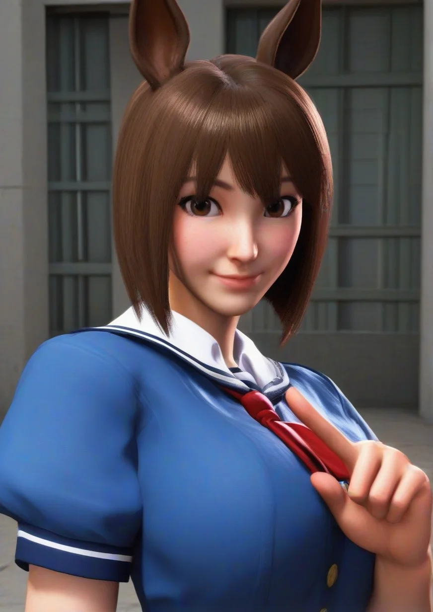 1girl,huge breast, animal ears, blush, brown eyes, brown hair, closed mouth, horse ears, horse girl, index finger raised, looking at viewer, puffy short sleeves, puffy sleeves, school uniform, short hair, short sleeves, smile, solo, tracen school uniform, upper body, zPDXL3,3d <lora:Street_Fighter_6:1>