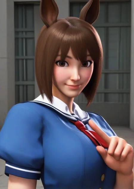 1girl,huge breast, animal ears, blush, brown eyes, brown hair, closed mouth, horse ears, horse girl, index finger raised, looking at viewer, puffy short sleeves, puffy sleeves, school uniform, short hair, short sleeves, smile, solo, tracen school uniform, upper body, zPDXL3,3d <lora:Street_Fighter_6:1>