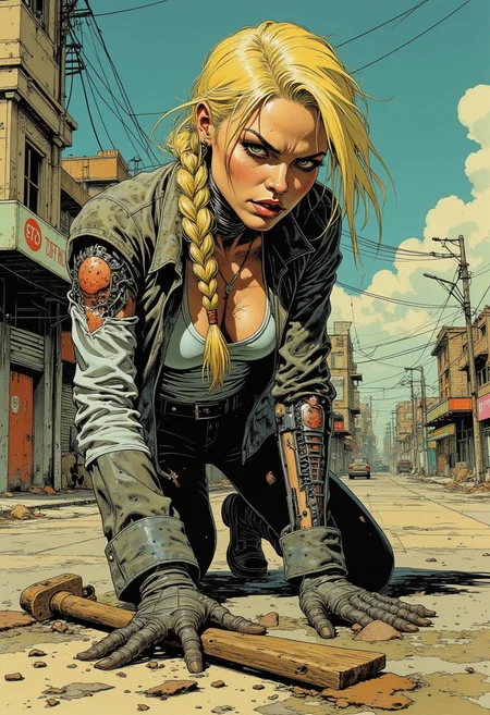 Comix book style, Grunge style a female blonde android with a braid, crawling on pavement, half skin, haf robotic parts, holding an axe, damaged clothes, style of Raymond Swanland . Textured, distressed, vintage, edgy, punk rock vibe, dirty, noisy.